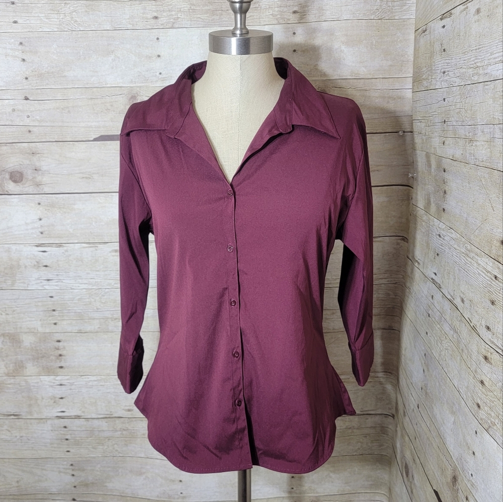 Spoiled girl, maroon, 3/4 sleeve, button down. Size L